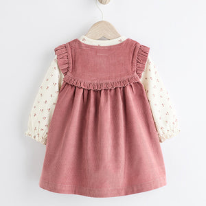 Pink Embroidered Baby Corduroy Pinafore 100% Cotton Dress With Tights (0mths-18mths)