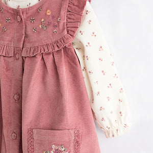 Pink Embroidered Baby Corduroy Pinafore 100% Cotton Dress With Tights (0mths-18mths)