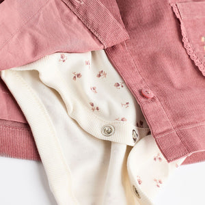 Pink Embroidered Baby Corduroy Pinafore 100% Cotton Dress With Tights (0mths-18mths)
