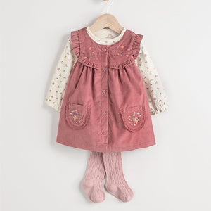 Pink Embroidered Baby Corduroy Pinafore 100% Cotton Dress With Tights (0mths-18mths)