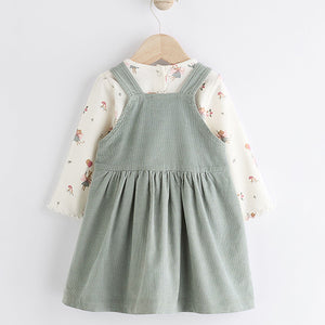 Green Embroidered Baby Corduroy Pinafore 100% Cotton Dress With Tights (0mths-18mths)
