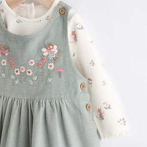 Green Embroidered Baby Corduroy Pinafore 100% Cotton Dress With Tights (0mths-18mths)