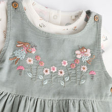 Load image into Gallery viewer, Green Embroidered Baby Corduroy Pinafore 100% Cotton Dress With Tights (0mths-18mths)
