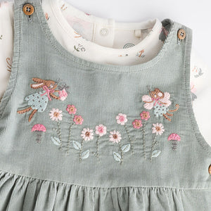 Green Embroidered Baby Corduroy Pinafore 100% Cotton Dress With Tights (0mths-18mths)