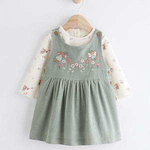 Green Embroidered Baby Corduroy Pinafore 100% Cotton Dress With Tights (0mths-18mths)