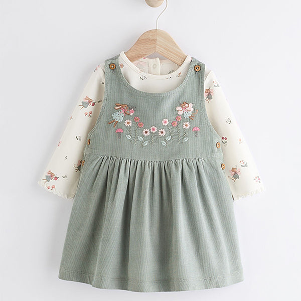 Green Embroidered Baby Corduroy Pinafore 100% Cotton Dress With Tights (0mths-18mths)