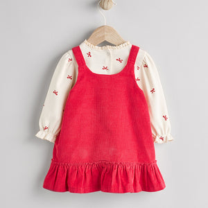 Red 3D Bow Baby Corduroy Pinafore 100% Cotton Dress With Tights (0mths-18mths)