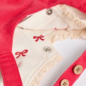Red 3D Bow Baby Corduroy Pinafore 100% Cotton Dress With Tights (0mths-18mths)
