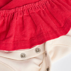 Red 3D Bow Baby Corduroy Pinafore 100% Cotton Dress With Tights (0mths-18mths)