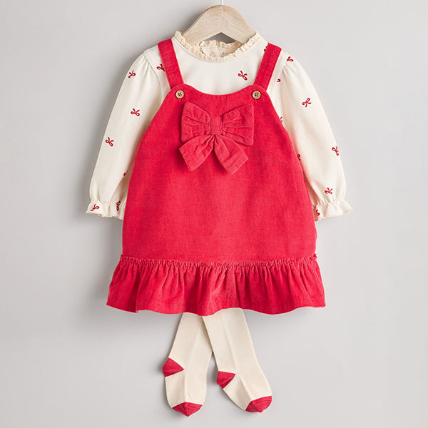 Red 3D Bow Baby Corduroy Pinafore 100% Cotton Dress With Tights (0mths-18mths)