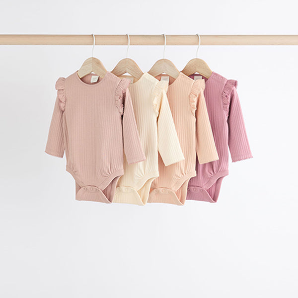 Pink/Cream Baby Long Sleeve Frill Bodysuits 4 Pack (0mths-18mths)