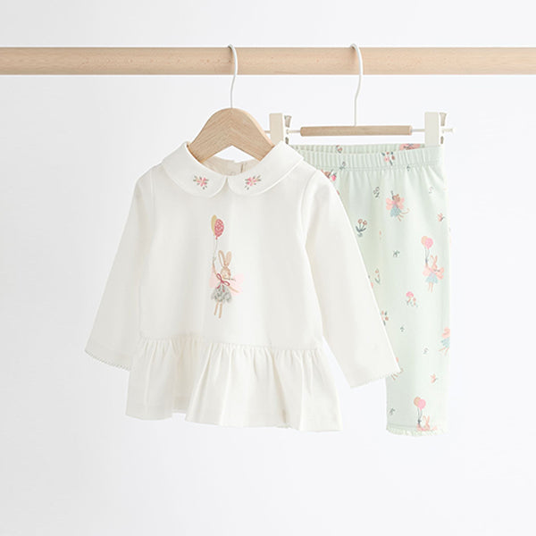 Ecru/Teal Green Bunny Baby Long Sleeve Top And Leggings Set