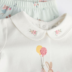 Ecru/Teal Green Bunny Baby Long Sleeve Top And Leggings Set