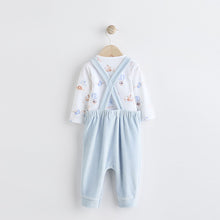 Load image into Gallery viewer, Blue Elephant Print Baby Velour Dungarees and Bodysuit Set (0-18mths)
