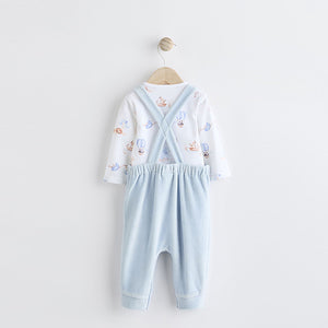 Blue Elephant Print Baby Velour Dungarees and Bodysuit Set (0-18mths)