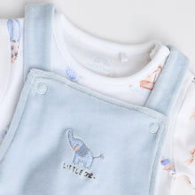Load image into Gallery viewer, Blue Elephant Print Baby Velour Dungarees and Bodysuit Set (0-18mths)

