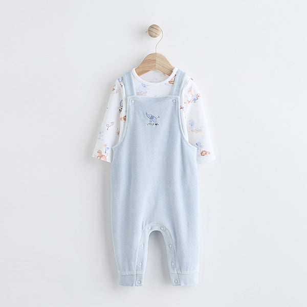 Blue Elephant Print Baby Velour Dungarees and Bodysuit Set (0-18mths)