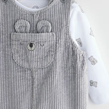 Load image into Gallery viewer, Grey Bear Corduroy 100% Cotton Baby Dungarees and Bodysuit Set (0mths-18mths)
