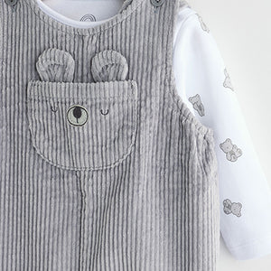Grey Bear Corduroy 100% Cotton Baby Dungarees and Bodysuit Set (0mths-18mths)