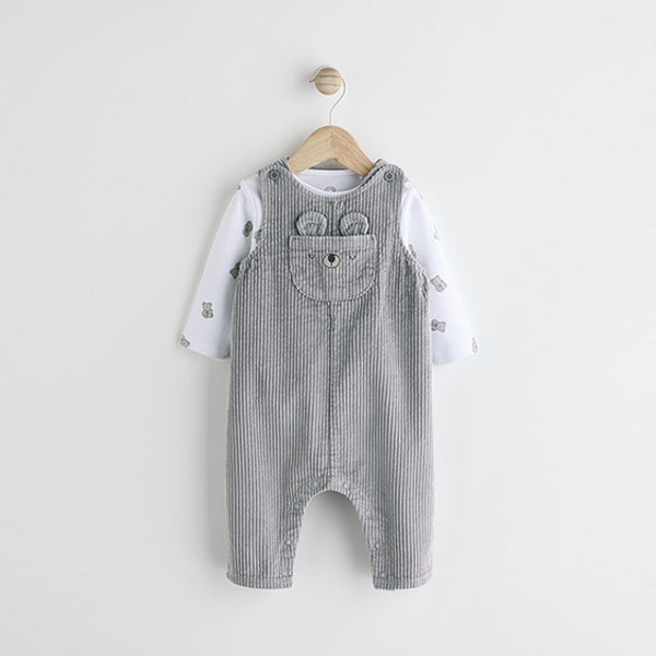 Grey Bear Corduroy 100% Cotton Baby Dungarees and Bodysuit Set (0mths-18mths)