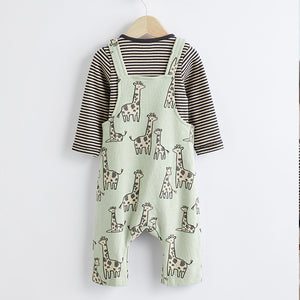 Sage Green Giraffe Jersey Baby Dungarees And Bodysuit Set (0mths-18mths)