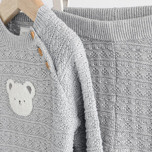 Grey Bear Baby Knitted 100% Cotton Top and Leggings Set (0mths-18mths)