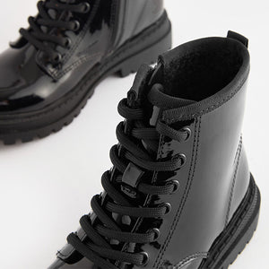 Black Patent Standard Fit (F) Warm Lined Lace-Up Ankle Boots