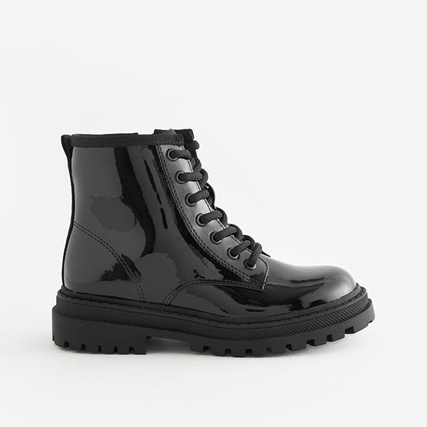 Black Patent Standard Fit (F) Warm Lined Lace-Up Ankle Boots