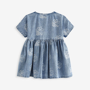 Blue Flower Denim Relaxed 100% Cotton Dress (3mths-6yrs)