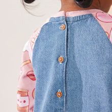 Load image into Gallery viewer, Pink Fruit Print 100% Cotton Raglan Denim Dress (6mths-6yrs)
