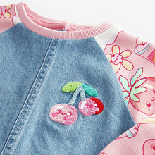 Load image into Gallery viewer, Pink Fruit Print 100% Cotton Raglan Denim Dress (6mths-6yrs)
