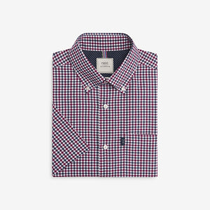 Reg/Navy Blue Gingham Check Regular Fit Short Sleeve Easy Iron Button Down Oxford Shirt