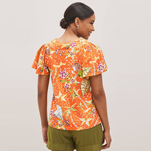 Load image into Gallery viewer, Orange Tropical Smocked Short Sleeves Round Neck Top
