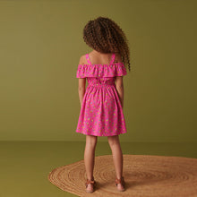 Load image into Gallery viewer, Pink Ditsy Printed Cold-Shoulder Dress (3-12yrs)
