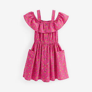 Pink Ditsy Printed Cold-Shoulder Dress (3-12yrs)