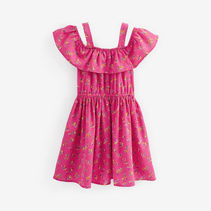 Pink Ditsy Printed Cold-Shoulder Dress (3-12yrs)