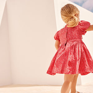 Red Ditsy Printed Lace Collar Shirred Cotton Dress (3mths-7yrs)