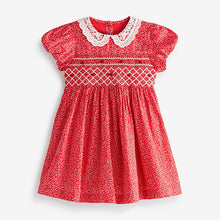 Load image into Gallery viewer, Red Ditsy Printed Lace Collar Shirred Cotton Dress (3mths-7yrs)
