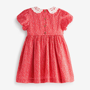 Red Ditsy Printed Lace Collar Shirred Cotton Dress (3mths-7yrs)