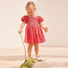 Load image into Gallery viewer, Red Ditsy Printed Lace Collar Shirred Cotton Dress (3mths-7yrs)
