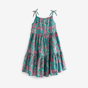 Green/Pink Floral Tiered Strappy Dress (3-12yrs)