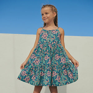 Green/Pink Floral Tiered Strappy Dress (3-12yrs)