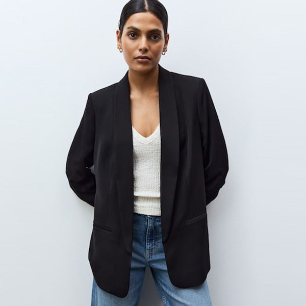 Black Relaxed Ruched Sleeve Blazer