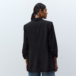 Black Relaxed Ruched Sleeve Blazer