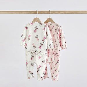 Cream/Pink Fairy 2 Pack Zip Baby Sleepsuits (0-18mths)