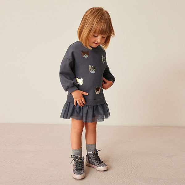 Charcoal Grey 2-In-1 Sequin Sweatshirt Party Dress (3mths-6yrs)