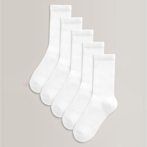 White 5 Pack Cotton Rich Cushioned Footbed Ribbed Socks