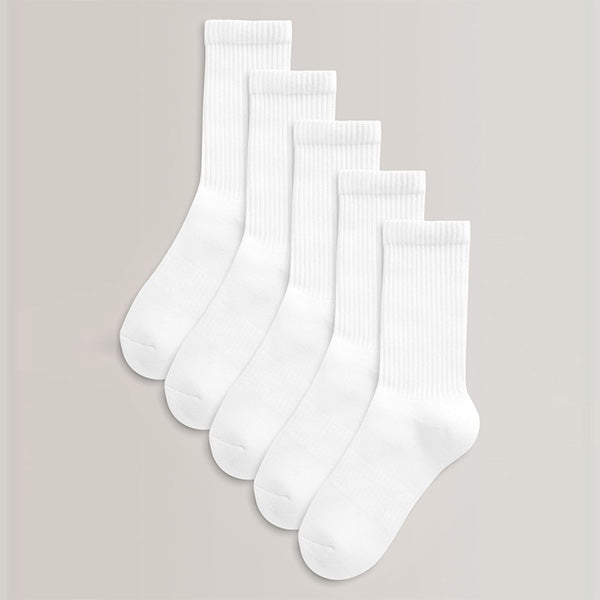 White 5 Pack Cotton Rich Cushioned Footbed Ribbed Socks