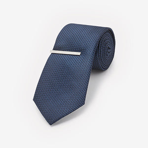 Navy Blue Regular Recycled Polyester Textured Tie With Tie Clip