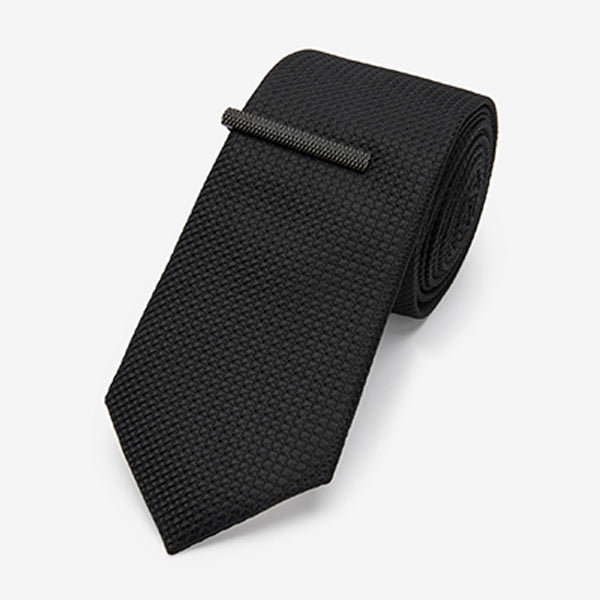 Black Textured Tie And Clip
